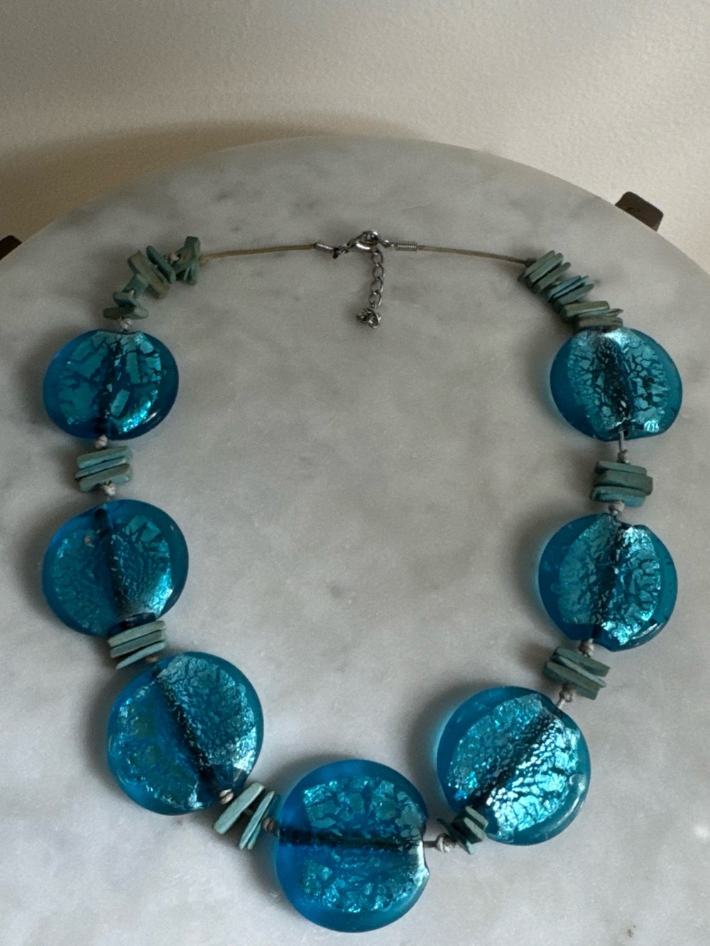 Vintage Glass Necklace Teal Blue Statement 21in long